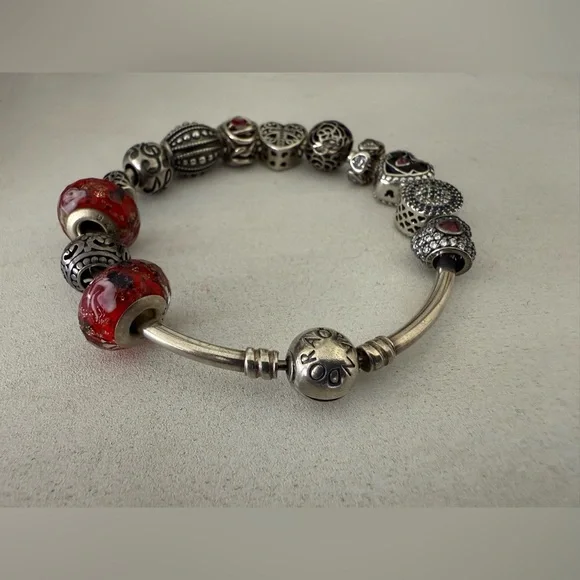 Pandora Bangle Bracelet w/ 13 Charms S925 - ALE - 925 Sterling Silver 8 inches - Picture 2 of 5